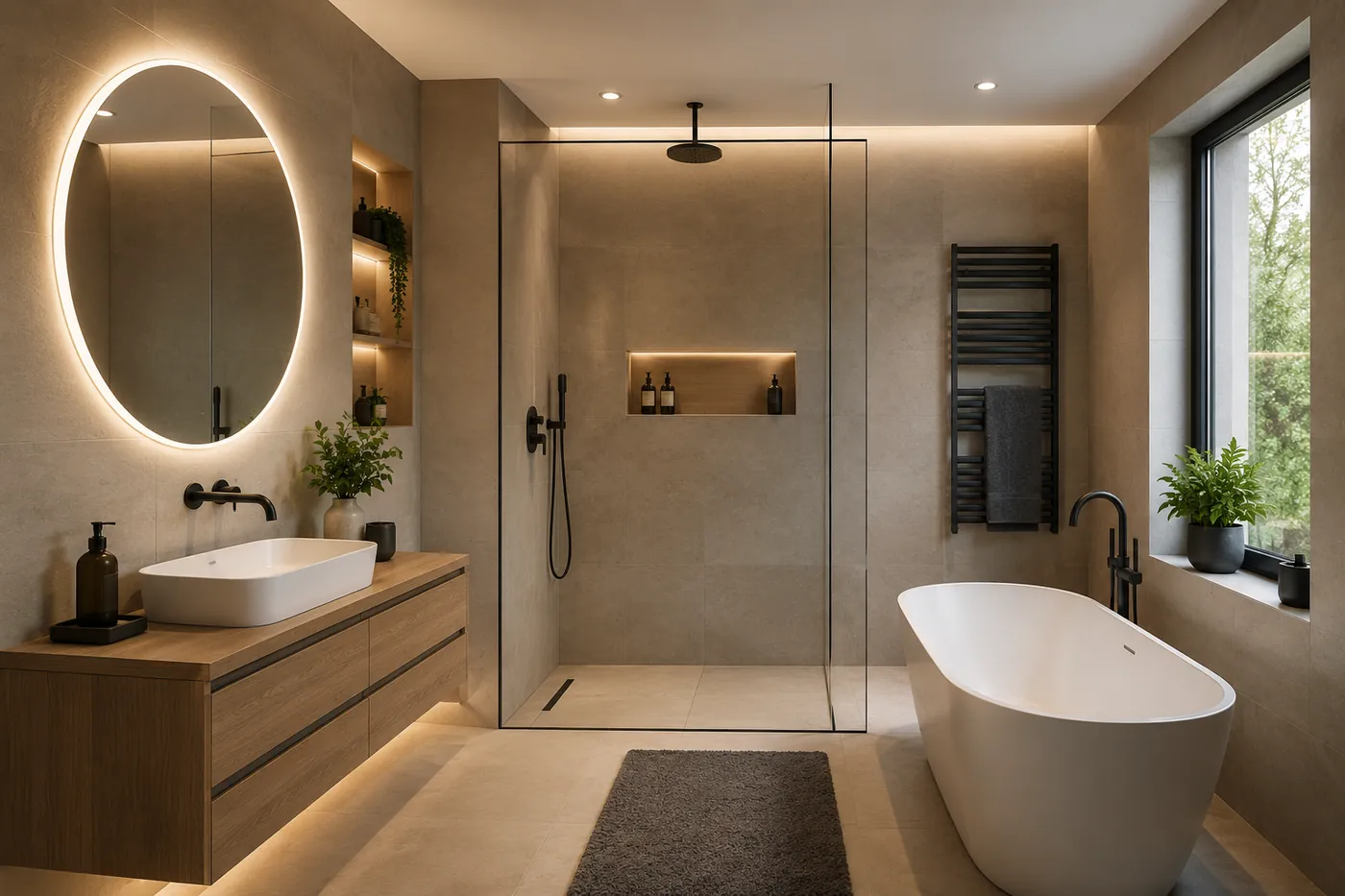 Modern saniertes Badezimmer mit Walk-in-Dusche, freistehender Badewanne und Waschtisch