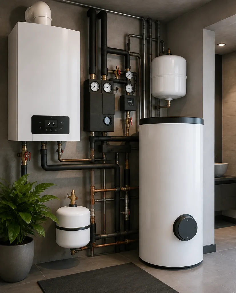 Moderne Heizungsanlage mit Gastherme, Warmwasserspeicher und Ausdehnungsgefäßen