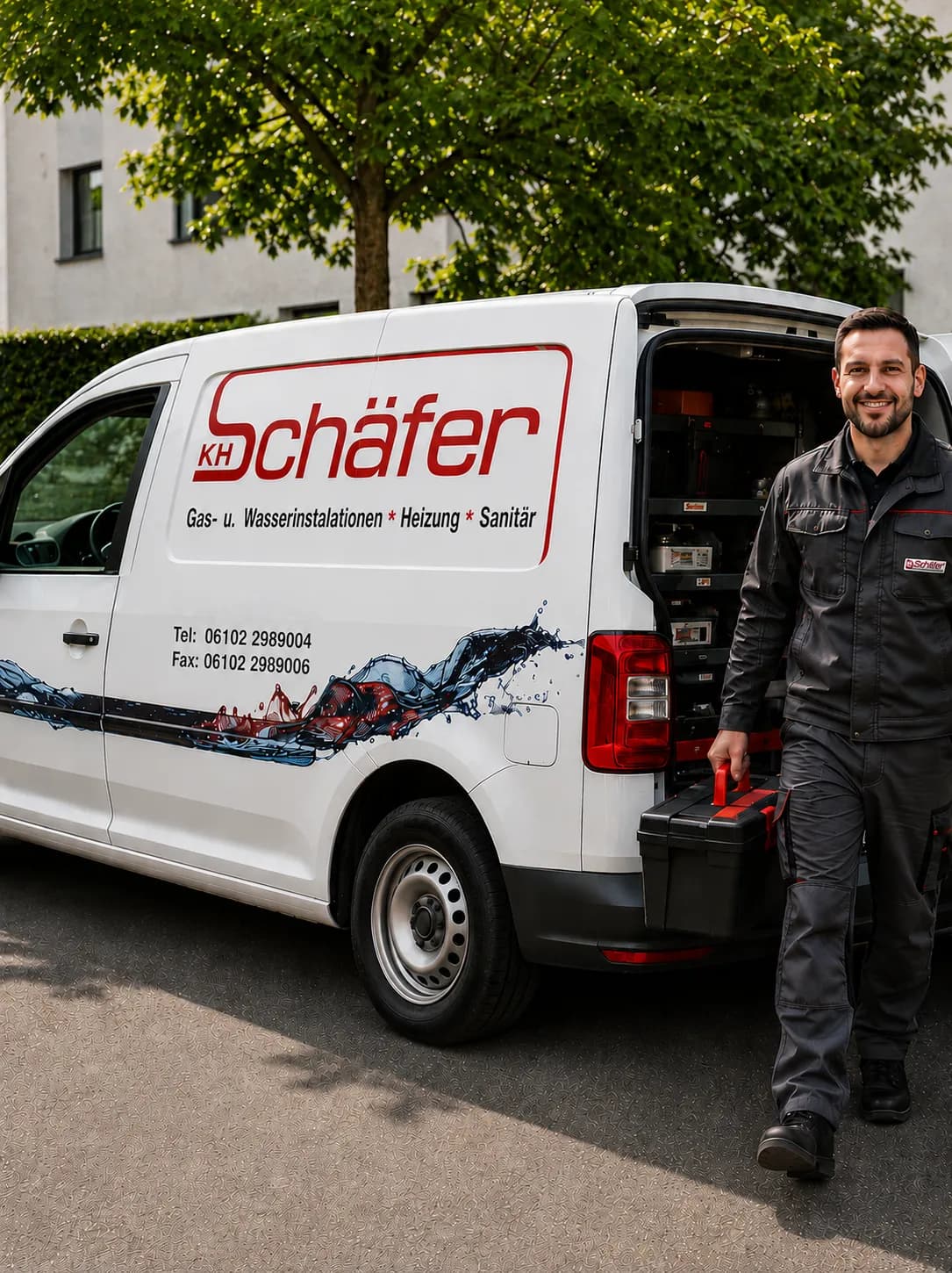 Monteur von K.H. Schäfer mit Werkzeugkoffer am Servicefahrzeug
